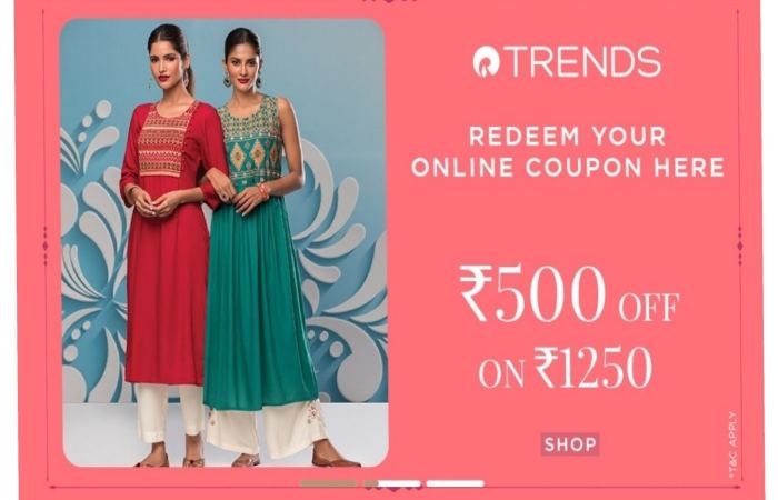 Trends. ajio. com Online Coupon 500 off on 1250